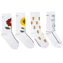 4 пары в партии, женские белые носки, жаккардовые носки с подсолнухами, осенне-зимние носки с буквами