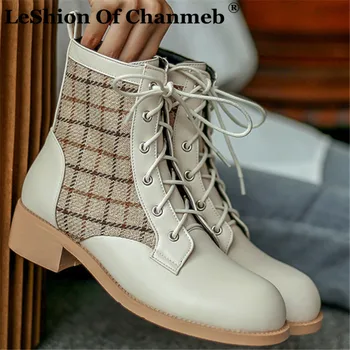 

Small Size 33 Lady Big Round Toe Military Boots Woman Cross Tied Thick Square Medium Heels Combat Boots Black Beige Shoes Women