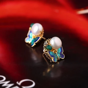 

TJP Pearl Earrings Female Korean Simple Butterfly Shape Earrings Ethnic Style Super Fairy Cloisonne Earrings Holiday Gift