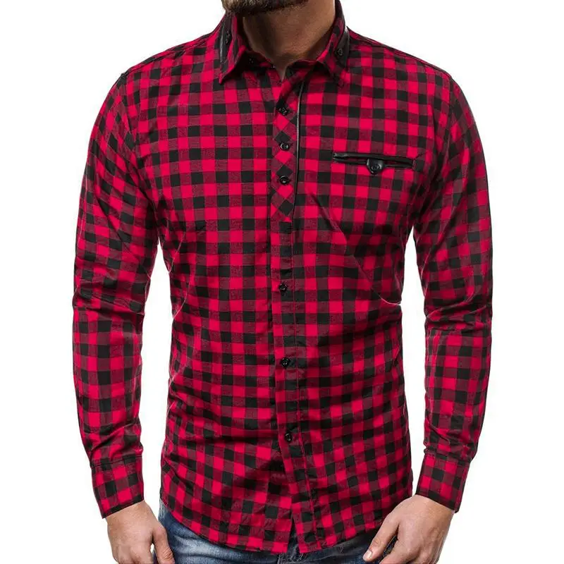 Plaid Shirt for Men Social Lattice Men Shirt Long sleeve Grid Casual dress Blouse Men Red Black