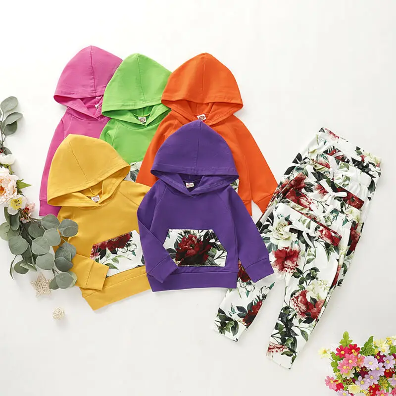  Baby boy clothes Girl Floral Hoodies Infant kids Clothing Autumn Winter Hooded Tops+Pants 2PCS Set 