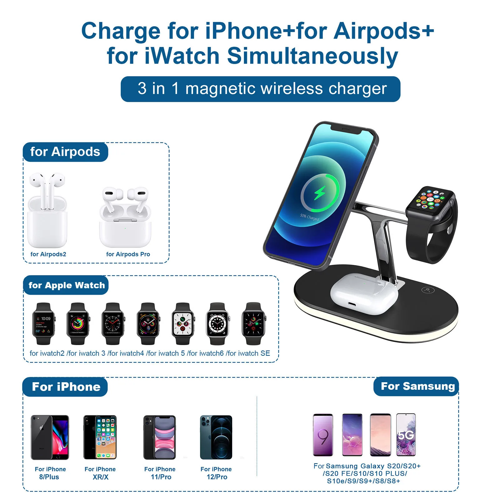 Chager sem Fio para Iphone Estação de Carregamento 3 em 1 Mini Apple Assista 6 Airpods Luz Magnética Rápido Doca Suporte 15w 12 Pro Max 5 15w 3 em 1 chager sem fio