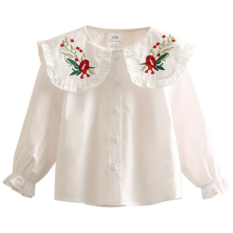 New Spring Autumn 2 3 4 6 8 10 Years Cotton White Blue Striped Embroidery Flower Flare Sleeve Kids Baby Girls Blouse Shirt