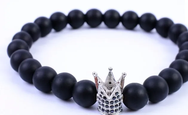 8mm ef2 gold silver crown Frosted agate Onyx nature black stone a micro pave cz zircon cubic zirconia Bracelet Reiki Chakra | Украшения и