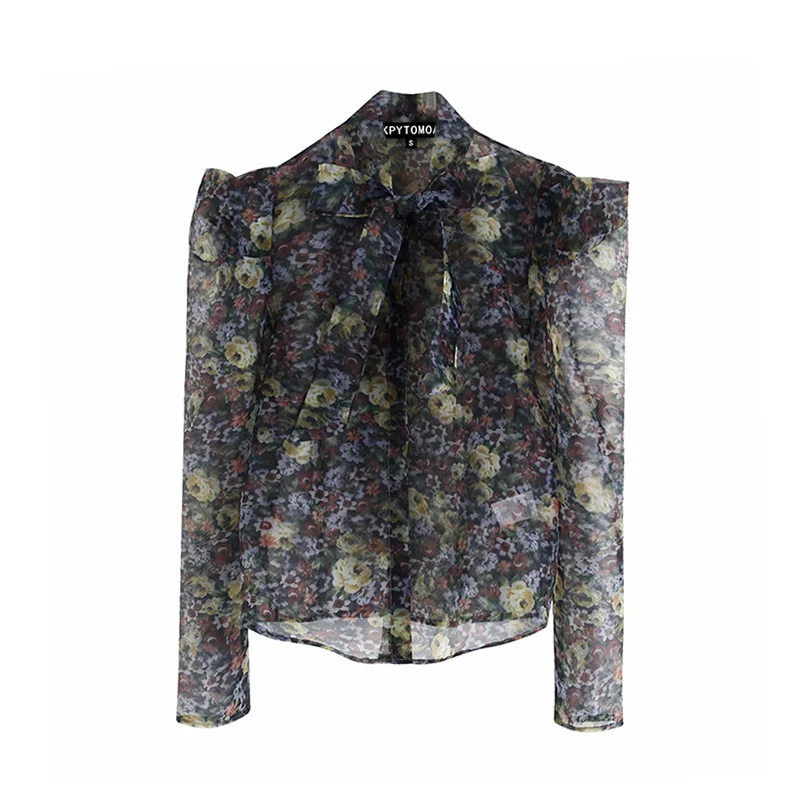 Vintage Stylish Transparent Floral Print Organza Blouses Women Fashion Bow Tie Collar Puff Sleeve Shirts Blusas Chic Tops