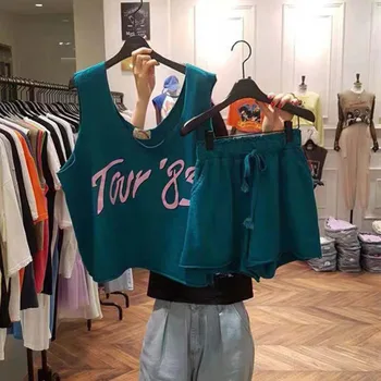 

Letter Vest Two Pieces Set Women‘s Tracksuit Summer Loose Sleeveless Tops + Elastic Waist Wide Leg Shorts Casual Ladies Set Z120