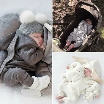 

0-24M Bunny Ear Hoodie Romper Rabbit Ear Warm Tops Kids Baby Girl Boy Autumn Clothes Zipper Knit Romper Jumpsuit Overall Outfit
