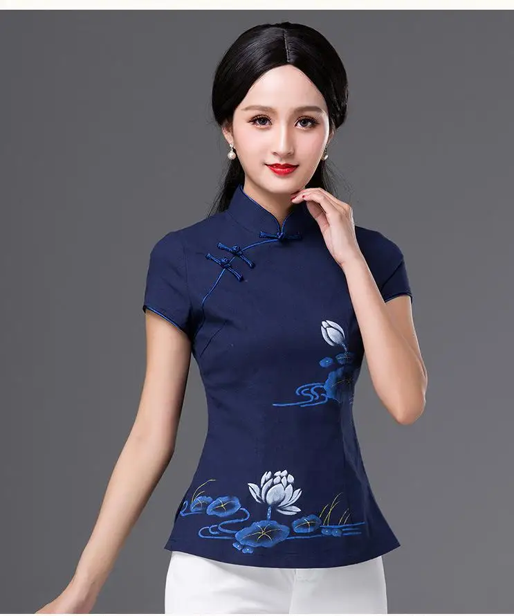 Хлопковая льняная тонкая приталенная винтажная китайская рубашка Cheongsam с пуговицами в виде лягушки, женская летняя Этническая футболка с коротким рукавом