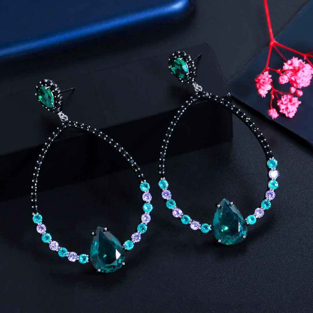 CWWZircon Green Black Cubic Zircon Stone Round Drop Big Party Earring for Women American European Designer Wedding Jewelry CZ913