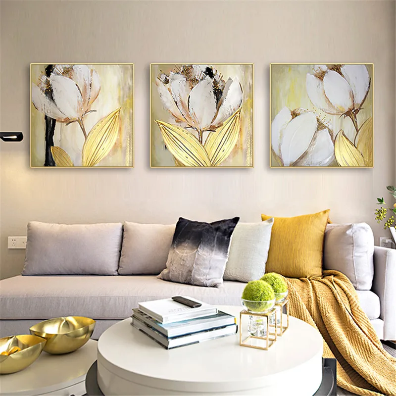 Billige Leinwand malerei wand kunst goldenen tulpe blume ölgemälde familie wohnzimmer hause dekoration restaurant moderne malerei