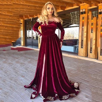 

SoDigne Burgundy Velvet Evening Dresses 2020 Off The Shoulder Sexy Split Long Sleeves Gold Lace Applique Prom Dress