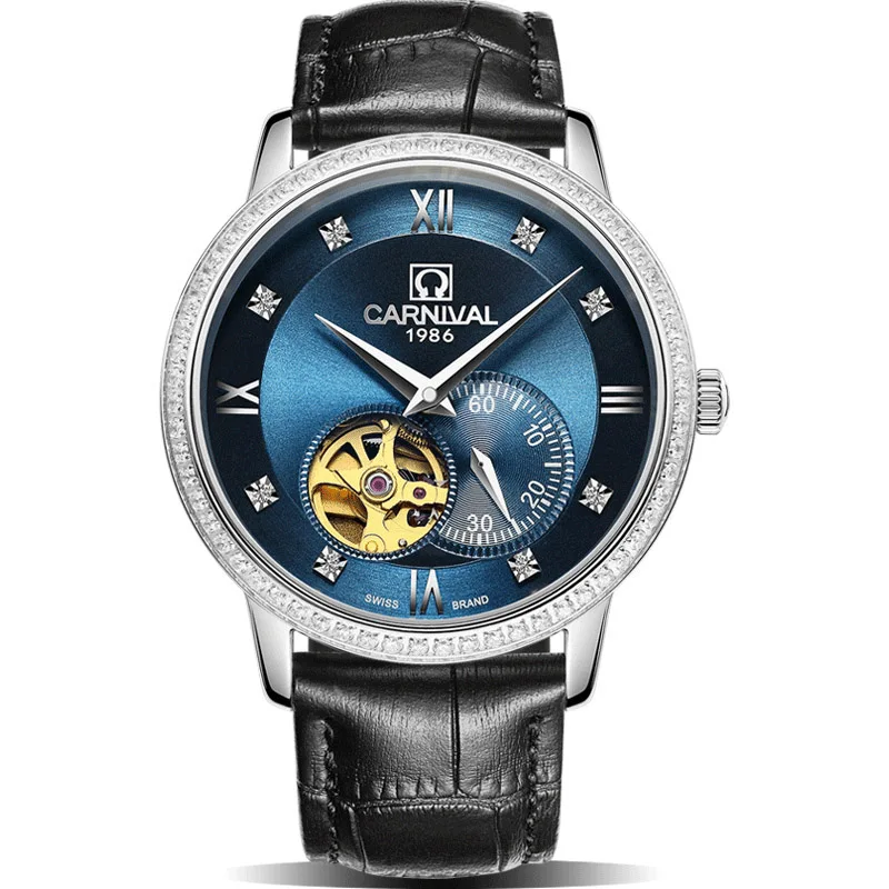 Карнавал tourbillon Автоматические Мужские механические часы модные водонепроницаемые полностью стальные Брендовые Часы MIYOTA движение кожаный ремень - Цвет: A
