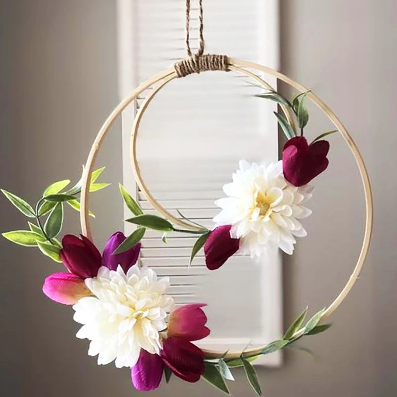 2Pcs Wooden Bamboo Floral Hoop Wreath Macrame Craft Hoop Rings For