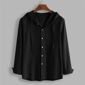 

2020 Men's Shirt Loose Cotton Blend Solid Color Hooded Shirt Button Long Sleeve Shirt