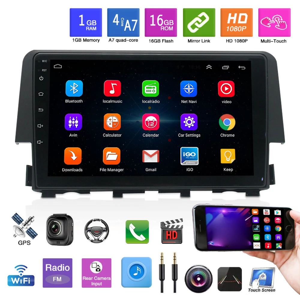 Автомагнитола 2DIN, 1 + 16 ГБ, Wi-Fi, BT, FM, DSP, RDS, Android 10,1,  мультимедийный видеоплеер, навигация GPS для HONDA CIVIC 2016-2020,  головное устройство | AliExpress