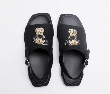 

Genuine Leather Roman Men Style sandals Cartoon dog embroidery outdoor beach slippers size 38-43