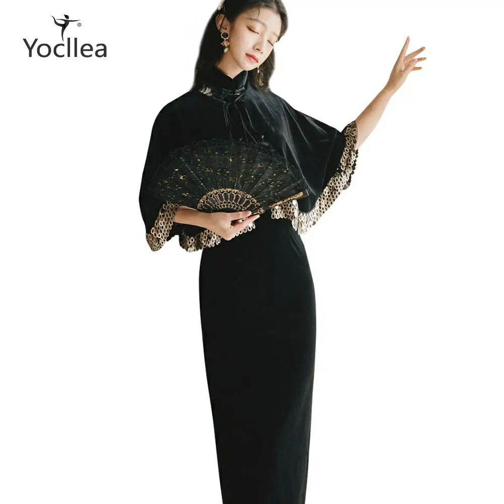 Осенний cheongsam костюм из двух частей китайское банкетное Платье женское длинное элегантное платье+ накидка пальто осенние и зимние винтажные комплекты