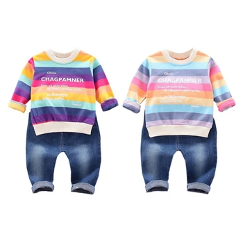 

Baby Boys Girls Clothes Autumn Long Sleeve Rainbow Stripe Letter Print Sweatshirt Tops+Denim Pants Trouser Costume Set