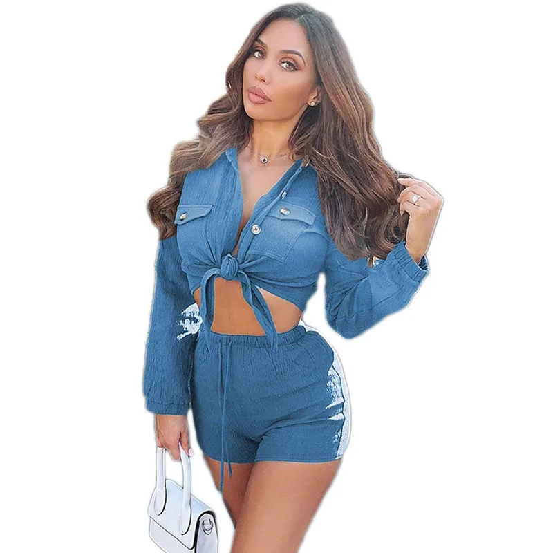 

Casual Two Piece Set Summer Clothes for Women Tracksuit Tie Up Crop Top Shorts Suits Streetwear 2 Pcs Club Outfits Matching Sets