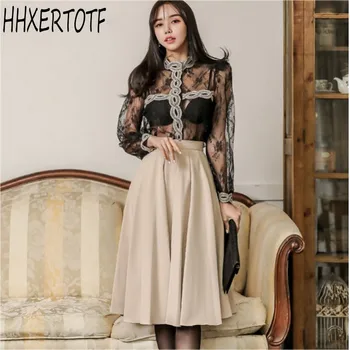 

spring Fashion Women Two-piece Korean temperament lace stitching see-through top + Skirts 2 piece sets