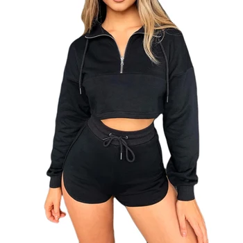

Female casual sports suit cropped high waist shorts lace-up wrapped chest long sleeve elastic zipper decoratiion
