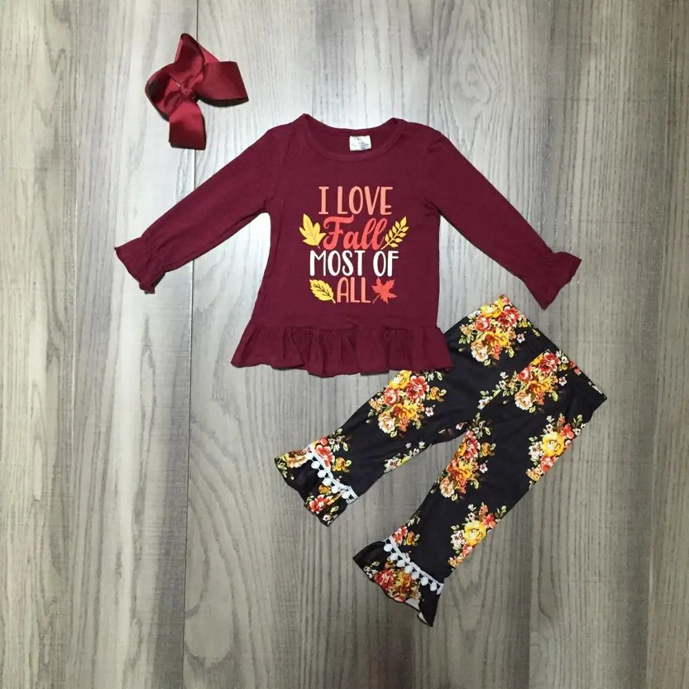 I love/осенняя одежда для маленьких девочек; топ с цветочным принтом; Хлопковые Штаны с длинными рукавами; одежда с оборками; Изысканная одежда с бантом