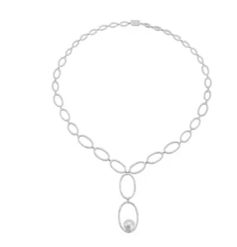 

925 Sterling Silver jewelry Hollow geometric oval Necklace Micro Paved crystal stone round pearl Pendant Adjustable Necklace