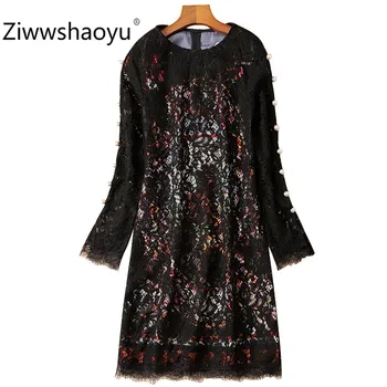 

Ziwwshaoyu Runway Spring Summer Party Vintage Totem Print Patchwork Pearl Black Lace Long Sleeve Dresses Women's Clothing