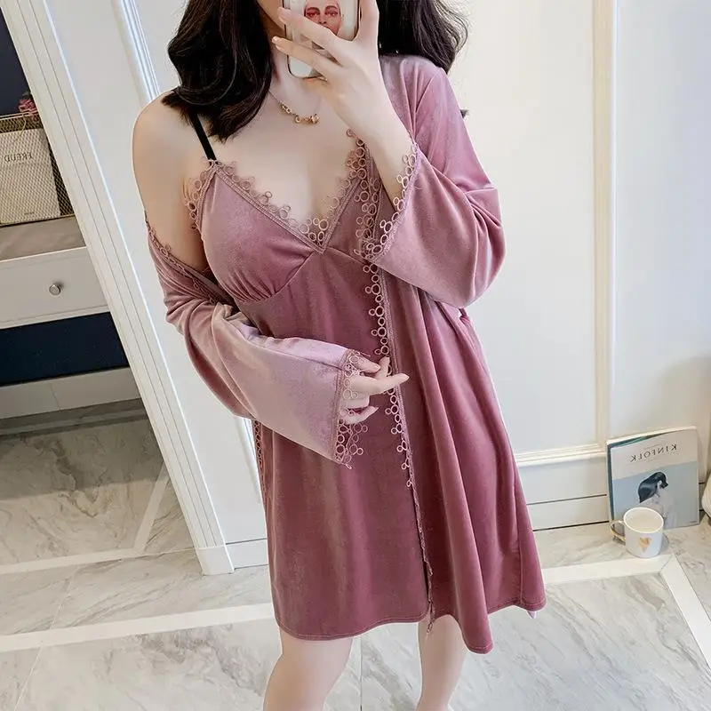 Robe A3 Сексуальный зеленый Женский бархатный халат, 2 шт., халат, кимоно, юката, банное платье, осень-весна, новинка, ночная рубашка, одежда для сна, M, L, XL, повседневная одежда для сна - Цвет: Robe A3