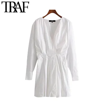 

TRAF Women Chic Fashion White Wrap Mini Dress Vintage Crossover V Neck Long Sleeve Elastic Waist Female Dresses Vestido