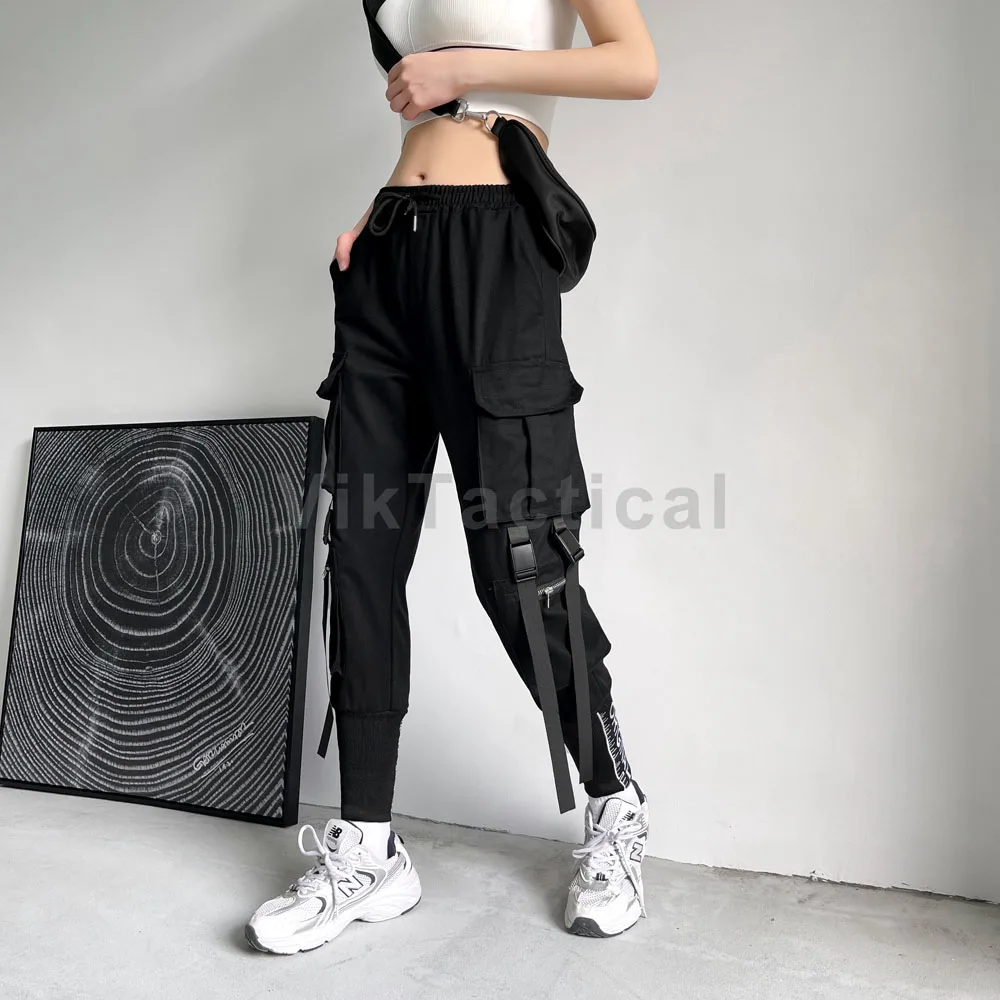 ■韓国人気ブランド■OPEN ZIPPER PIGMENT STRING CARGO PANTS Fashion Slim-fit Pants Men Streetwear Ribbon Harajuku Black