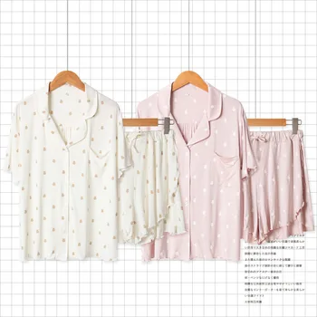 

Summer New 2 Pieces Pajamas Women Modal Cartoon Printed Sleepwear Cute Short Sleeve Pants Pijamas Home Suit for women Onesize