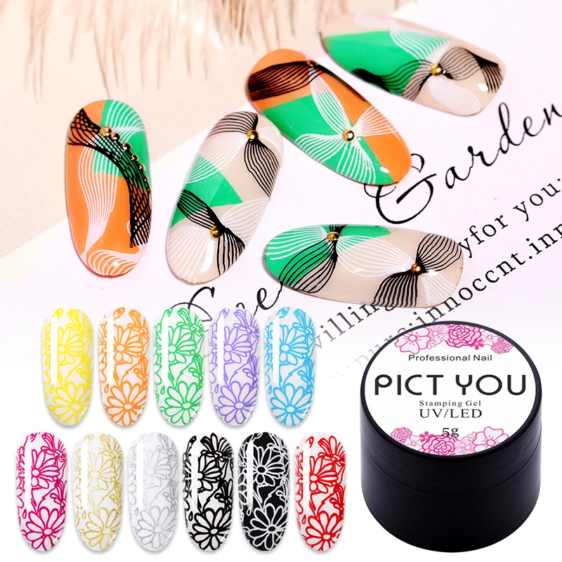 

PICT YOU 5ml Stamping Gel Polish Semi Permanent Vernis Paint Gel With Top Coat Stamping Plate Soak Off Gel Polish Varnish