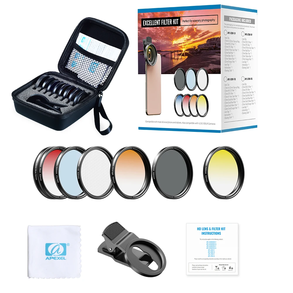 only 7 filters APEXEL HD оптический объектив камеры 52 мм UV Grad синий красный цвет фильтры+ CPL ND+ Звездные Фильтры+ 0.45x для Nikon Canon sony iPhone все телефоны - Цвет: only 7 filters