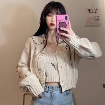 

No.1 Family Autumn And Winter 2020 New Women's Net Red Embroidery Knitted Cardigan Long Sleeve Short Sling Two Piece Suit