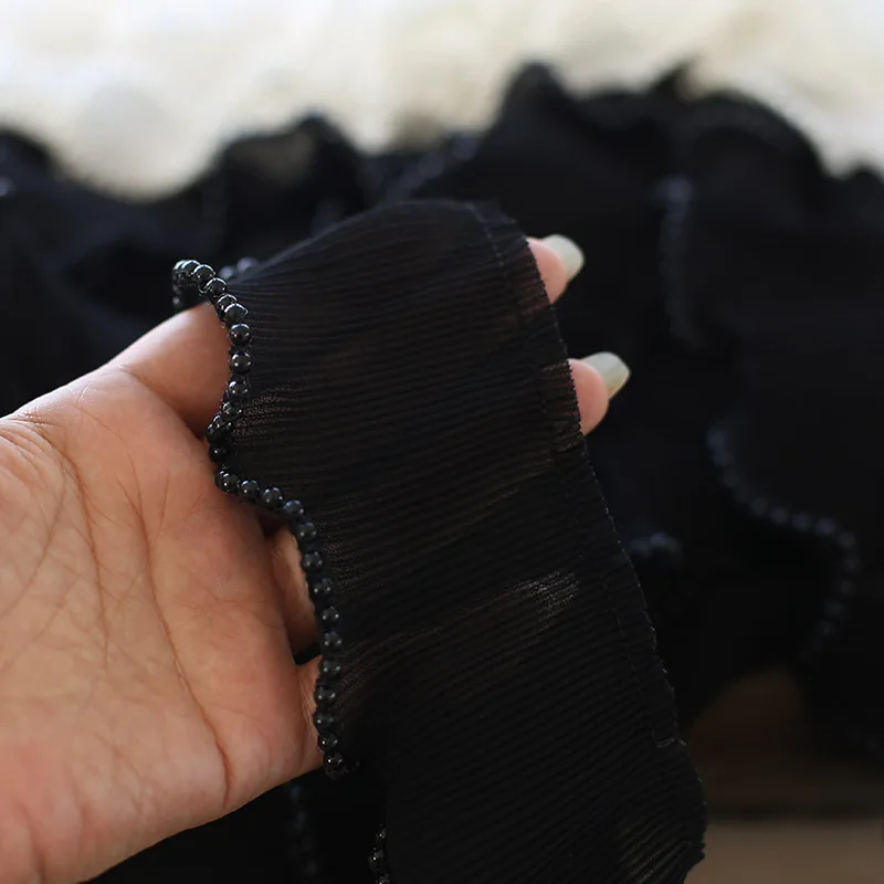 Lace Fabric 6CM Wide Embroidery White Flower Beads Tulle Trim Ribbon DIY Sewing Ruffle Applique Collar Dubai Dress Decor
