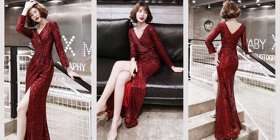 Это YiiYa Eveing платья с v-образным вырезом и рюшами с длинным рукавом Robe De Soiree расшитое блестками платье в пол русалка женские вечерние платья K060