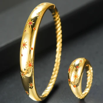 

GODKI Vintage Korea 2PCS Bangle Ring Set Fashion Dubai Bridal Jewelry Set For Women Wedding brincos para as mulheres 2020