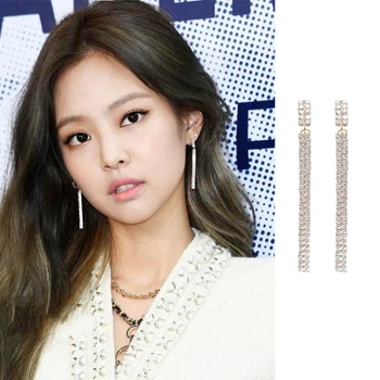

kpop BLACKPINK JENNIE same 2020 korean Flash drill silver needle stud earrings Long Tassel Chain Drop Women Dance Party Earrings