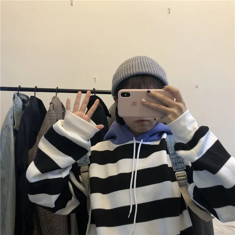 Корейский ulzzang утолщение плюс бархат мода полосатый контрастный цвет свободные с капюшоном ins Harajuku Зима Новая Женская толстовка - Цвет: purple