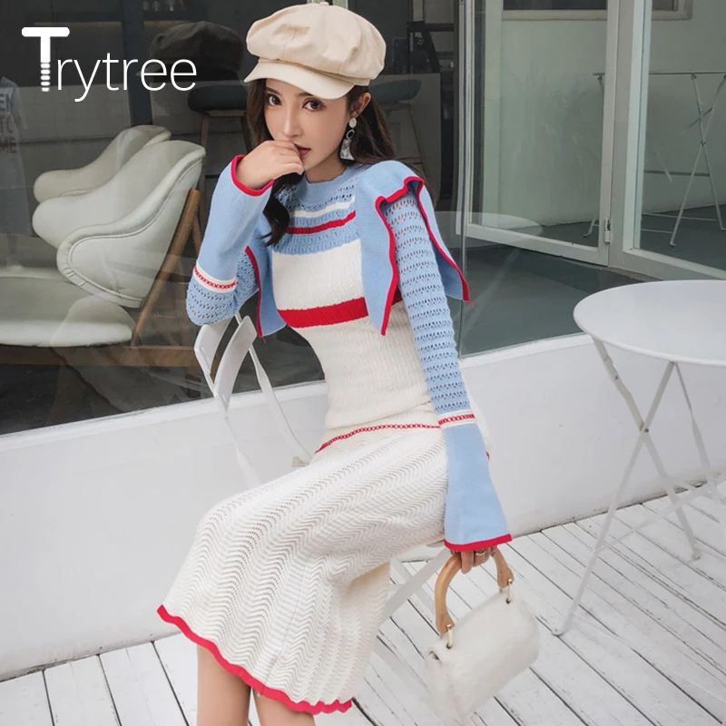 Trytree/, осенне-зимнее платье, женское Повседневное трикотажное платье с оборками, платье-футляр с расклешенными рукавами, офисное женское платье до середины икры