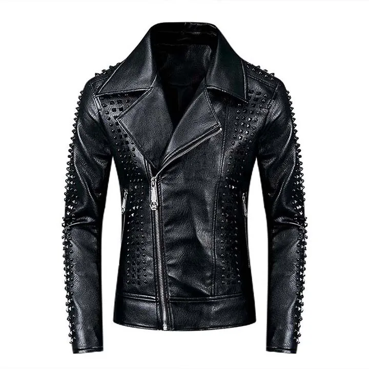 KIOVNO мужские кожаные куртки в стиле панк с заклепками, Мотоциклетные Куртки из искусственной кожи, верхняя одежда для мужчин черного цвета - Цвет: Черный