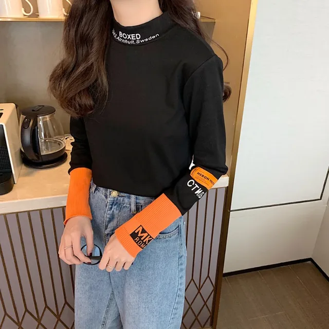 US $7.60 Casual Patchwork Wild Bottoming T Shirt Women Half High Collar Loose Long Sleeve Print T-Shirts 202