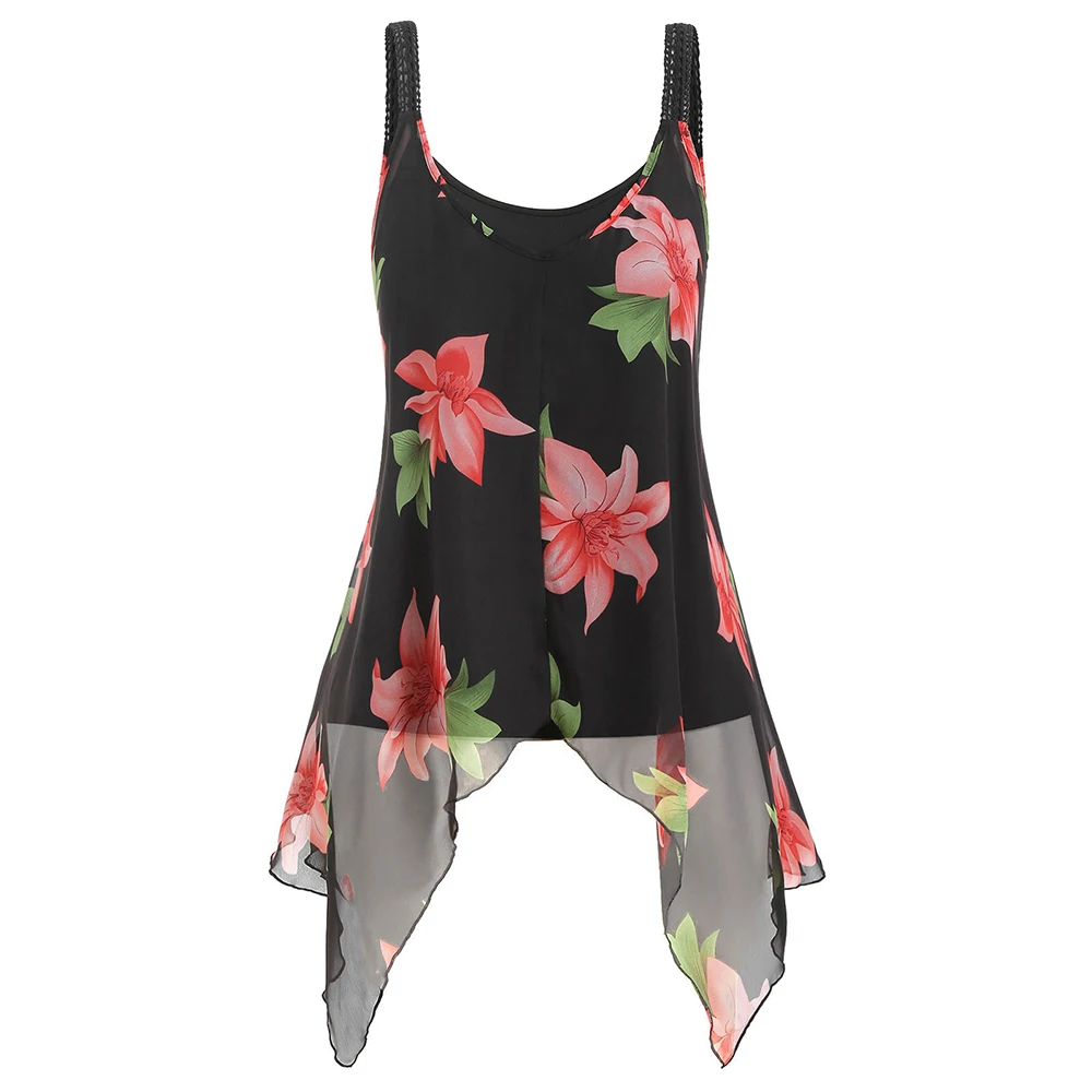 

ROSEGAL Large Size Camisole And Floral Print Chiffon Camis Sleeveless Women Summer Tank Top Lace Casual Top Female Long Tunic