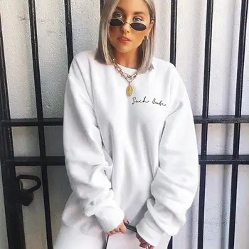 

Winter White Oversized Long Hoodies Women Lantern Sleeve Embroidery Letter Sweatshirts O-Neck Loose Solid Casual Pullovers