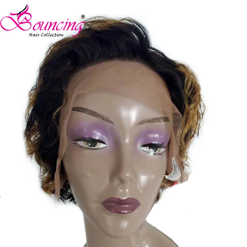 Подпрыгивающие Человеческие волосы remy 13*4 Швейцарский парик фронта шнурка короткий парик Pixie для женщин - Цвет: T1B 27