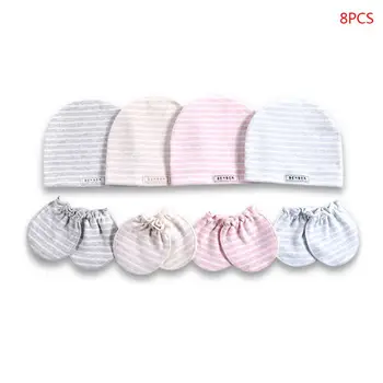 

8 Pcs/set Baby Girls Boys Hat Gloves Set Cotton Simple Stripes Newborn Infants Birth Cap Glove sweat absorption