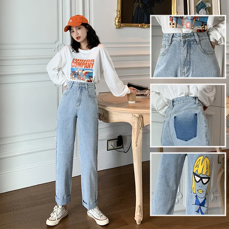 

3221 Loose Pants Loose Straight Versatile High Waist Jeans Women's 2019 Autumn Printed Graffiti Long Pants