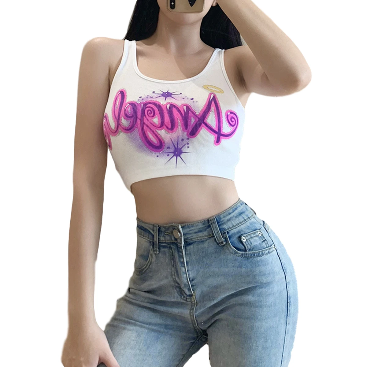 

Ladies Loose Breathable Vest T-Shirt Streetwear Women Sexy Stylish Short Tank Tops Letter Printed Casual Sleeveless Crop Top
