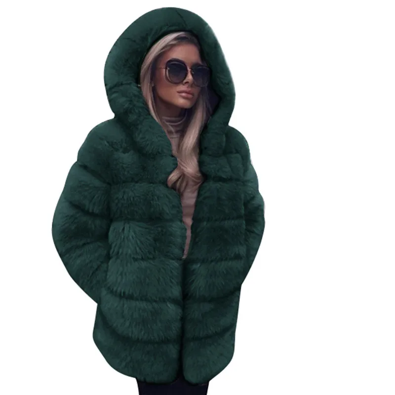 Женское пальто модное роскошное пальто из искусственного меха осеннее зимнее теплое пальто с капюшоном с карманом разноцветное пальто парка Femme 5 - Цвет: Green